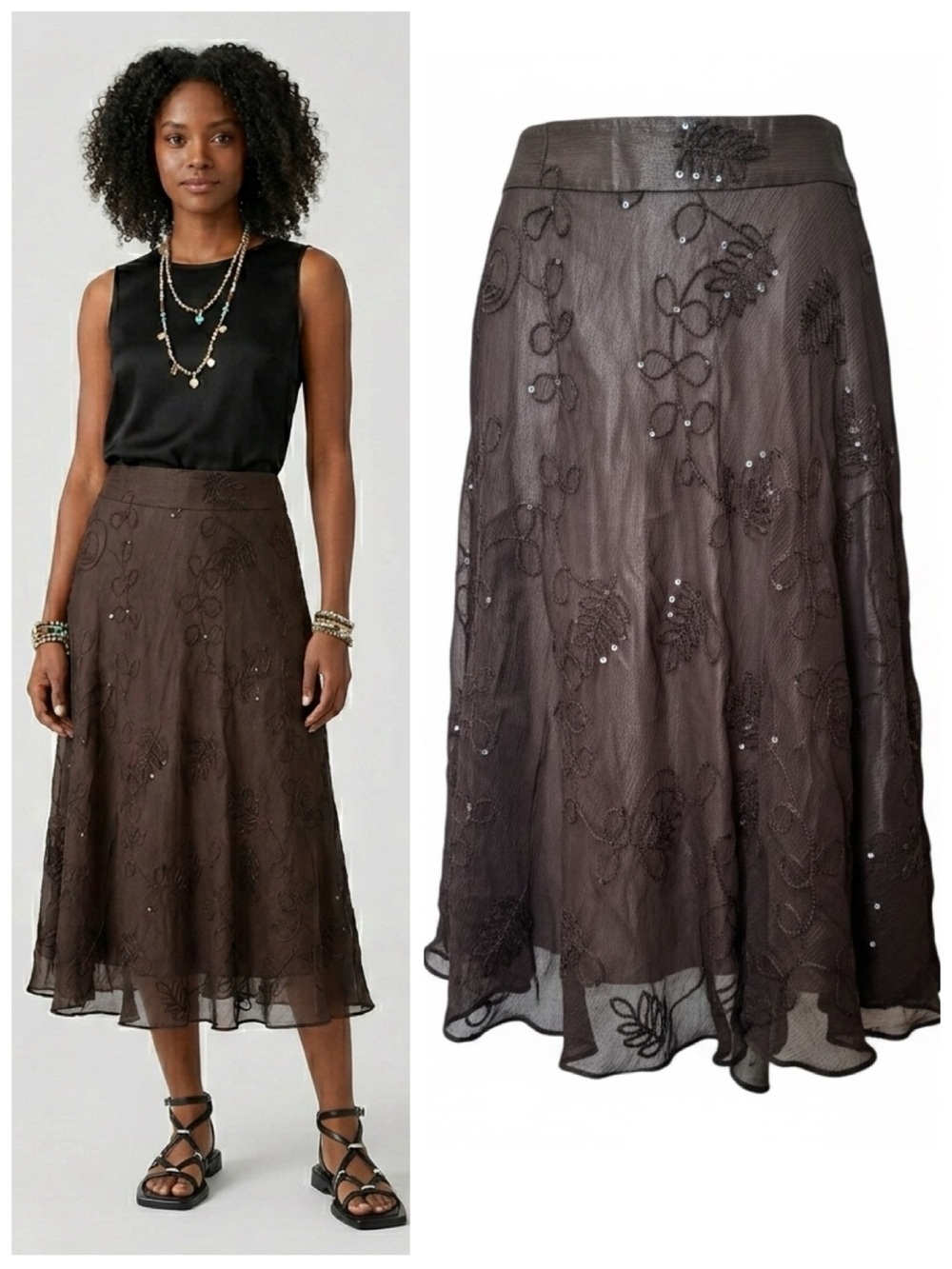 Anne Klein NEW Y2K 100% Silk Sheer Embroidered Sequin Midi Skirt Brown 4 Boho